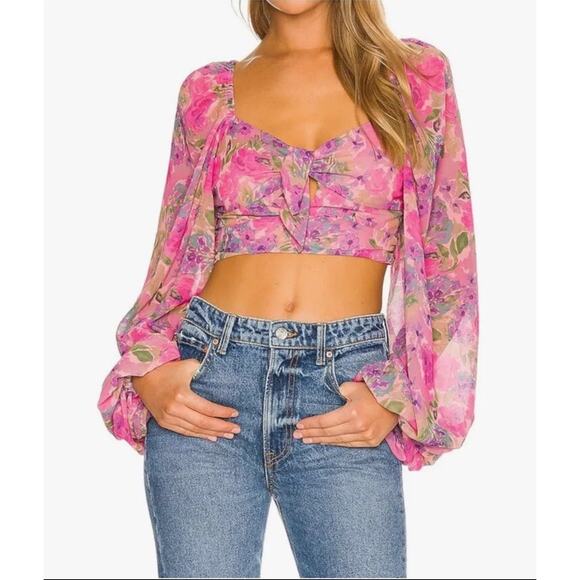 For Love & Lemons Trisha Crop Top Pink Multicolor Sweetheart Puff Sleeves Medium - Picture 1 of 9